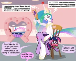 Size: 6237x4969 | Tagged: suggestive, artist:katzyla, derpibooru import, princess celestia, twilight sparkle, twilight sparkle (alicorn), alicorn, pony, robot, g4, absurd resolution, bonnet, brush, butt, conveyor belt, duo, duo female, female, floppy ears, folded wings, hoof shoes, image, implied pinkie pie, indoors, jewelry, large butt, mare, nursery, open mouth, over the knee, png, punishment, restrained, robolestia, spanking, speech bubble, stool, sweat, sweatdrop, sweatdrops, tongue out, twibutt, wings