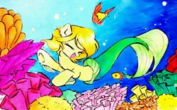 Size: 2853x1784 | Tagged: safe, artist:liaaqila, derpibooru import, oc, oc:golden sun, unofficial characters only, fish, merpony, complex background, coral, image, jpeg, solo, traditional art