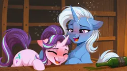 Size: 2560x1440 | Tagged: safe, ai content, generator:zoinksnoob, machine learning generated, starlight glimmer, trixie, pony, unicorn, g4, alcohol, blushing, bottle, cross-eyed, drunk, drunk bubbles, duo, eyes closed, female, horn, hug, image, indoors, jpeg, laughing, lidded eyes, mare, open mouth, prompter:siber