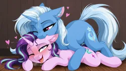 Size: 2560x1440 | Tagged: suggestive, ai content, generator:zoinksnoob, machine learning generated, starlight glimmer, trixie, pony, unicorn, g4, biting, blushing, cute, dripping, drool, duo, duo female, ear bite, ear fluff, eyes rolling back, female, floating heart, floppy ears, heart, heavy breathing, horn, image, indoors, jpeg, lesbian, lidded eyes, lying down, lying on top of someone, mare, nom, on floor, one eye closed, open mouth, prompter:siber, prone, saliva puddle, salivating, shipping, startrix, wink, wrong eye color