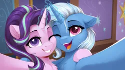 Size: 2560x1440 | Tagged: safe, ai content, generator:zoinksnoob, machine learning generated, starlight glimmer, trixie, pony, unicorn, g4, cute, duo, female, glow, glowing horn, horn, hug, image, indoors, jpeg, looking at you, magic, magic aura, mare, one eye closed, open mouth, open smile, prompter:siber, smiling, smiling at you, squishy cheeks, wink, wrong eye color