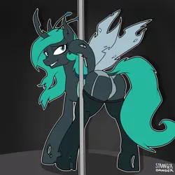 Size: 2000x2000 | Tagged: suggestive, artist:strangerdanger, derpibooru import, oc, oc:holometa, unofficial characters only, changeling, antennae, butt, clothes, dock, female, garter belt, garters, image, looking back, panties, parent:queen chrysalis, plot, png, princess holometa, socks, solo, solo female, stockings, stripper, stripper pole, tail, thigh highs, thong, underwear