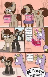 Size: 1500x2400 | Tagged: suggestive, artist:strangerdanger, derpibooru import, oc, oc:brann flakes, oc:cookie dough, oc:cookie dough (trottingham), unofficial characters only, pegasus, pony, unicorn, ask cookie and brann, book, butt, clothes, comic, female, horn, image, lingerie, magic, male, mare, open mouth, plot, png, socks, stallion, stockings, thigh highs, tongue out, underwear