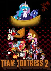 Size: 716x1000 | Tagged: safe, derpibooru import, applejack, big macintosh, derpy hooves, fluttershy, pinkie pie, princess celestia, princess luna, rainbow dash, rarity, spike, twilight sparkle, zecora, g4, administrator, baseball bat, crossover, engineer (tf2), gun, image, jpeg, knife, medic (tf2), medigun, minigun, pyro (tf2), rifle, scout (tf2), sentry gun, sniper (tf2), sniper rifle, soldier (tf2), spy (tf2), team fortress 2, weapon