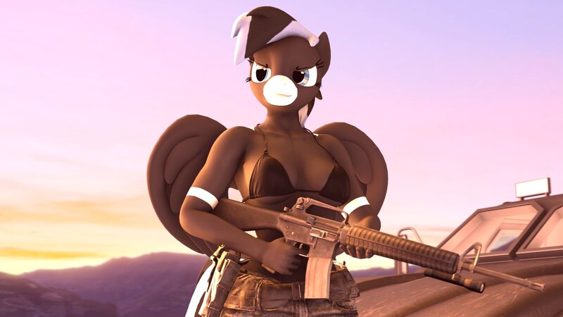 Size: 1920x1080 | Tagged: suggestive, artist:fallenponiesproduction, ponerpics import, oc, oc:angel wolf, unofficial characters only, anthro, 3d, bikini, bra, breasts, clothes, female, gun, image, jpeg, solo, swimsuit, underwear, weapon