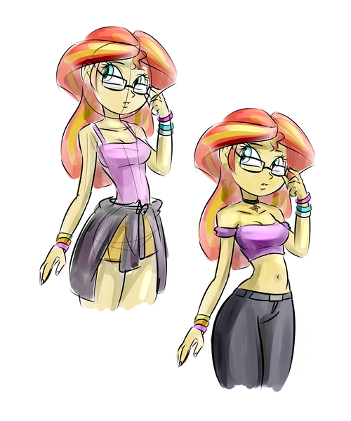 Size: 2000x2400 | Tagged: suggestive, artist:ponut_joe, derpibooru import, sunset shimmer, human, equestria girls, g4, adorkable, belly, belly button, bracelet, breasts, choker, cleavage, clothes, cute, dork, female, glasses, image, jewelry, midriff, off shoulder, png, questionable source, shimmerbetes, solo, solo female, sunspecs shimmer, tanktop