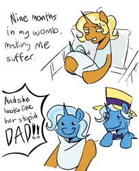 Size: 877x1080 | Tagged: safe, artist:startrixfan, derpibooru import, jack pot, sunflower spectacle, trixie, pony, g4, bed, foal, hospital bed, image, jpeg, meme