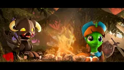 Size: 1920x1080 | Tagged: safe, artist:fallenponiesproduction, ponerpics import, oc, oc:beowolf, unofficial characters only, pony, 3d, campfire, clothes, cute, duo, duo female, female, image, jpeg, lying down, mare