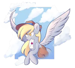 Size: 1280x1173 | Tagged: safe, artist:minty-cups, derpibooru import, derpy hooves, pegasus, pony, g4, bag, cloud, colored pupils, food, hat, image, letter, mouth hold, muffin, passepartout, png, saddle bag, smiling, solo