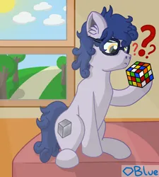 Size: 1980x2200 | Tagged: safe, artist:💎blue, derpibooru import, oc, unofficial characters only, earth pony, pony, bed, confused, cube, curly mane, curly tail, glasses, image, male, path, png, question mark, rubik's cube, shading, sitting, solo, stallion, sun, sunlight, tail, tree, window