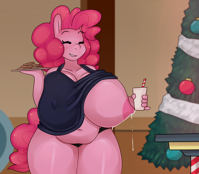 Size: 3900x3412 | Tagged: questionable, artist:somescrub, derpibooru import, pinkie pie, anthro, earth pony, g4, belly, belly button, big breasts, black underwear, breast milk, breasts, busty pinkie pie, christmas, christmas tree, chubby, clothes, erect nipples, eyes closed, fat, female, food, grin, holiday, huge breasts, image, impossibly large breasts, lactation, milk, nipples, nudity, panties, png, pudgy pie, shirt, shirt lift, smiling, solo, solo female, sports bra, tree, underwear