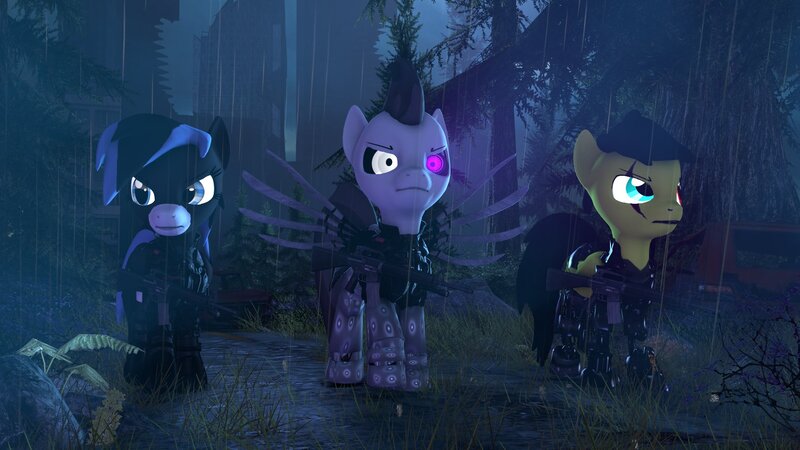 Size: 1920x1080 | Tagged: safe, artist:fallenponiesproduction, ponerpics import, oc, oc:angel wolf, oc:specky, unofficial characters only, pony, 3d, clothes, female, gun, image, jpeg, male, mare, military uniform, night, stallion, weapon