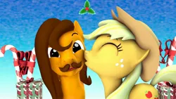 Size: 1920x1080 | Tagged: safe, artist:fallenponiesproduction, ponerpics import, applejack, oc, unofficial characters only, pony, 3d, eyes closed, female, image, jpeg, kissing, male, male and female, mare, stallion