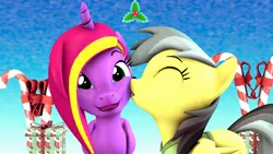 Size: 1920x1080 | Tagged: safe, artist:fallenponiesproduction, ponerpics import, daring do, oc, oc:diamond-chi, unofficial characters only, pony, 3d, clothes, cute, duo, duo female, eyes closed, female, image, jpeg, kissing, mare