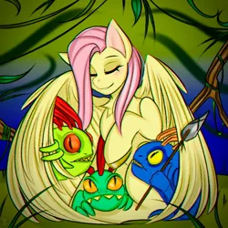 Size: 800x800 | Tagged: safe, artist:namelessplaza, derpibooru import, pegasus, blushing, eyes closed, fantasy, forest, hug, image, jpeg, jungle, leaf, nature, smiling, solo, tree, warcraft