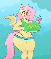 Size: 2392x2733 | Tagged: suggestive, artist:somescrub, derpibooru import, fluttershy, anthro, bat pony, g4, bat ponified, belly, belly button, big breasts, bonita, breasts, busty fluttershy, clothes, crossover, curvy, daisy dukes, female, flutterbat, huge breasts, image, laura matsuda, midriff, panties, png, race swap, shorts, solo, solo female, street fighter, street fighter v, thong, underboob, underwear, wide hips