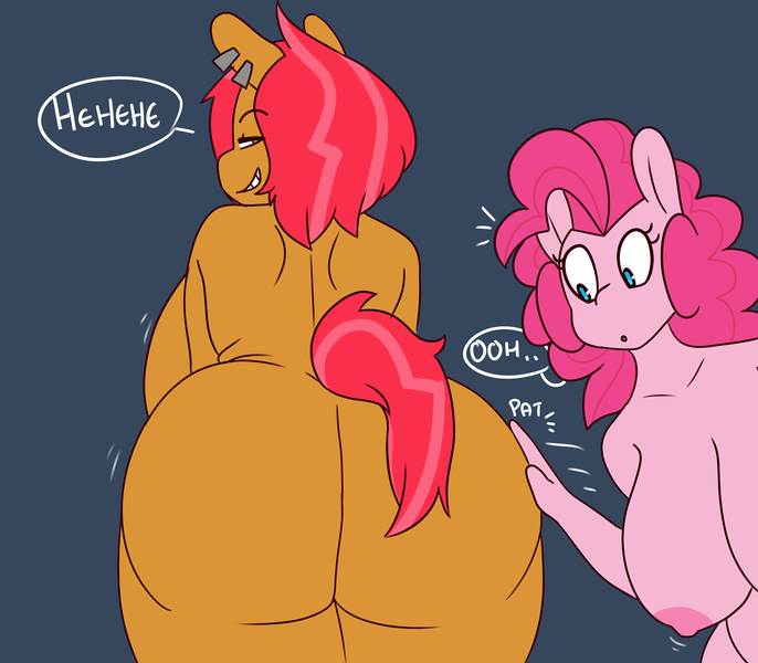 Size: 3200x2800 | Tagged: questionable, artist:somescrub, derpibooru import, babs seed, pinkie pie, anthro, hugtastic pinkie pie, g4, ass, bbw, big breasts, breasts, buns seed, busty babs seed, busty pinkie pie, butt, chubby, dialogue, fat, female, grin, huge breasts, image, impossibly large breasts, large butt, nipples, nudity, piercing, plump, png, sideboob, simple background, smiling, spanking, the ass was fat, wide hips