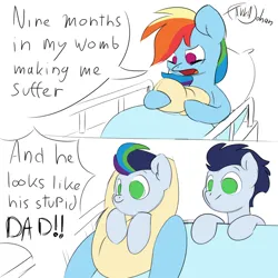 Size: 3000x3000 | Tagged: safe, artist:fakkajohan, derpibooru import, rainbow dash, soarin', oc, pegasus, pony, g4, bed, female, image, lying down, male, meme, offspring, parent:rainbow dash, parent:soarin', parents:soarindash, png, shipping, soarindash, straight