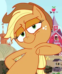 Size: 873x1047 | Tagged: safe, artist:chalkluke4, derpibooru import, applejack, earth pony, pony, .mov, g4, bipedal, closed mouth, cute, farm, female, image, jackabetes, jappleack, lidded eyes, looking at you, mare, outdoors, png, pony.mov, smiling, smiling at you, solo, sweet apple acres