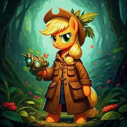 Size: 1024x1024 | Tagged: safe, ai content, generator:google imagen 3.0, machine learning generated, nightcafe ai, applejack, gun, image, jpeg, mage, plant, weapon