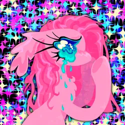 Size: 4000x4000 | Tagged: safe, artist:larvaecandy, derpibooru import, pinkie pie, earth pony, pony, g4, abstract background, big eyes, blue eyes, blue sclera, chest fluff, colored sclera, colorful, crying, ear fluff, eyelashes, female, floppy ears, image, jpeg, lineless, long ears, long eyelashes, mare, no mouth, pink coat, pink mane, pinkamena diane pie, print, profile, raised hoof, raised hooves, sad, shiny eyes, shiny mane, slender, solo, sparkles, sparkly background, straight mane, thin, wingding eyes