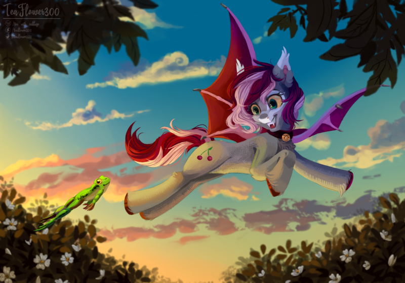 Size: 2250x1568 | Tagged: safe, artist:teaflower300, derpibooru import, oc, unofficial characters only, bat pony, frog, pony, bat pony oc, bat wings, bell, bell collar, collar, flying, image, looking at something, png, solo, wings