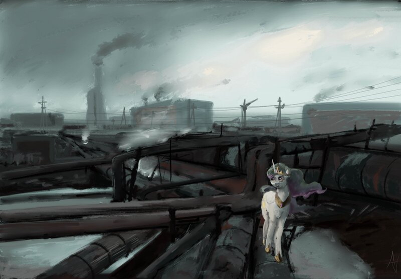 Size: 4598x3205 | Tagged: safe, artist:alexandrvirus, derpibooru import, princess celestia, alicorn, pony, g4, abandoned, factory, female, image, industrial, jewelry, jpeg, mare, pipe (plumbing), regalia, russia, scenery, smoke, solo, wires