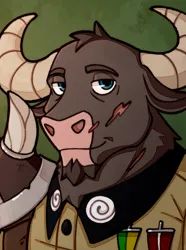 Size: 608x819 | Tagged: safe, artist:bunnyshrubby, derpibooru import, oc, oc:tomasz tauronowski, minotaur, equestria at war mod, beard, bust, clothes, digital art, facial hair, facial scar, general, gradient background, horns, image, looking at camera, looking at you, male, medal, medals, military, military uniform, new characters for equestria at war, new characters for equestria at war mod, png, portrait, scar, smiling, smiling at you, solo, uniform