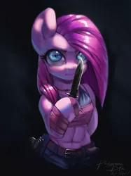 Size: 2274x3048 | Tagged: safe, artist:theprince, derpibooru import, pinkie pie, earth pony, semi-anthro, g4, arm hooves, caveira, commission, crossover, dark side, female, gun, handgun, image, knife, muscles, pinkamena diane pie, pistol, png, solo, weapon