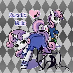 Size: 2000x2000 | Tagged: safe, artist:brella, derpibooru import, sweetie belle, pony, unicorn, fallout equestria, g4, alternate cutie mark, clothes, dress, ear piercing, earring, fallout, female, horn, image, jewelry, jpeg, jumpsuit, mare, older, older sweetie belle, piercing, pipboy, pipbuck, raised hoof, socks, solo, stockings, thigh highs, vault suit