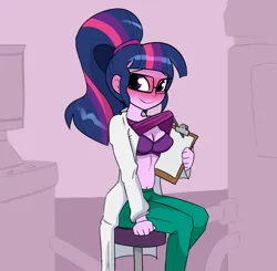 Size: 1529x1500 | Tagged: suggestive, artist:tjpones, derpibooru import, sci-twi, twilight sparkle, human, equestria girls, g4, belly, belly button, blushing, blushing profusely, bra, breasts, busty twilight sparkle, cleavage, clipboard, clothes, e-cup bra, erect nipples, female, image, indoors, lab coat, midriff, nipple outline, png, shirt, shirt lift, sitting, smiling, solo, solo female, stool, underwear