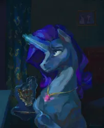 Size: 1401x1729 | Tagged: safe, artist:malinetourmaline, derpibooru import, pinkie pie, rarity, pony, unicorn, fanfic:the enchanted kingdom, fanfic:the enchanted library, g4, brooch, cup, curtains, digital art, digital painting, fanfic art, female, filigree, horn, image, jewelry, magic, magic aura, mare, moonlight, necklace, picture frame, png, purple mane, sad eyes, solo focus, spoon, teacup, white coat