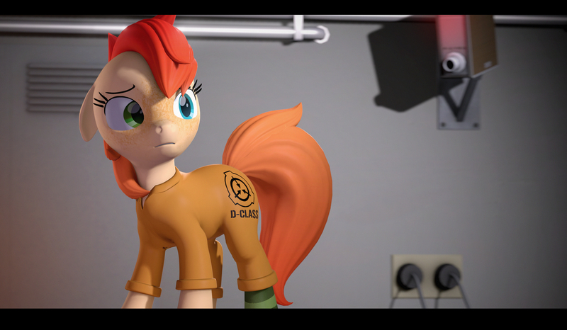 Size: 3329x1938 | Tagged: safe, artist:rexyseven, derpibooru import, oc, oc:rusty gears, unofficial characters only, earth pony, pony, 3d, d-class, female, heterochromia, image, jpeg, mare, scp foundation, solo, source filmmaker