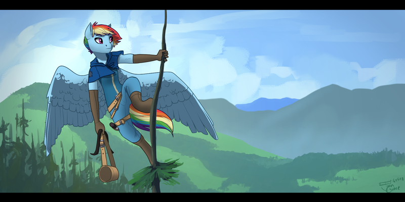 Size: 2000x1000 | Tagged: safe, artist:joan-grace, derpibooru import, rainbow dash, anthro, pegasus, pony, unguligrade anthro, g4, alternate hairstyle, alternate universe, boots, clothes, cloud, female, forest, image, mare, mountain, nature, pants, png, scenery, shirt, shoes, sky, solo, story in the source, story included, tree