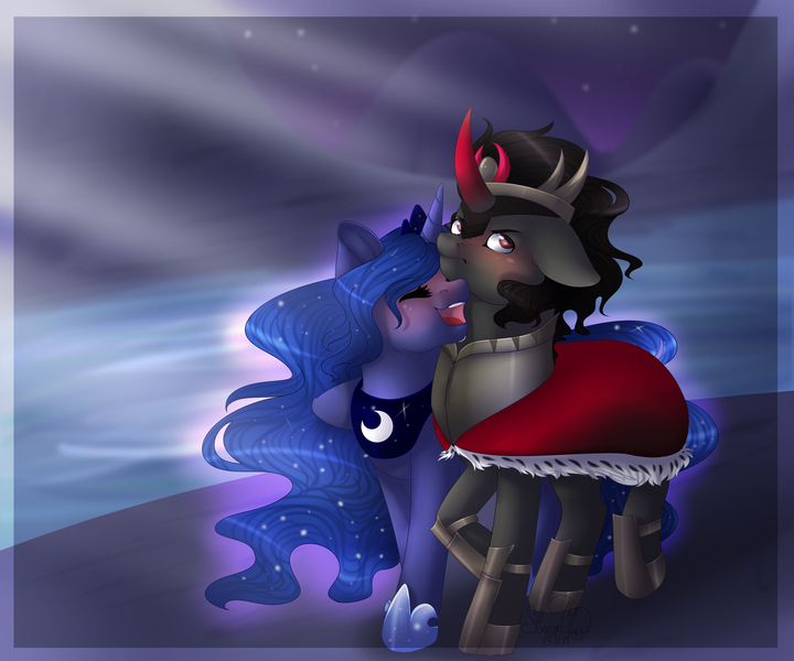 Size: 3000x2500 | Tagged: safe, artist:dinkydoolove, derpibooru import, king sombra, princess luna, alicorn, pony, unicorn, g4, blushing, blushing profusely, curved horn, cute, ethereal mane, female, flowing mane, grumpy, horn, image, jewelry, jpeg, laughing, lunabetes, male, mare, open mouth, regalia, scenery, ship:lumbra, shipping, smiling, sombradorable, stallion, starry mane, stars, straight, tsundere, walking, water