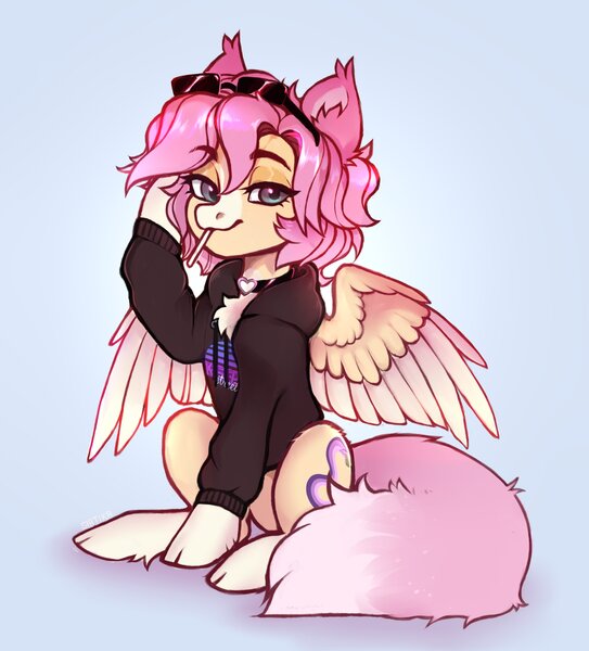 Size: 2428x2681 | Tagged: safe, artist:siatikas, derpibooru import, oc, unofficial characters only, pegasus, pony, chest fluff, clothes, cloven hooves, collar, commission, fetlock tuft, hoodie, image, jpeg, sitting, solo, sunglasses, sunglasses on head