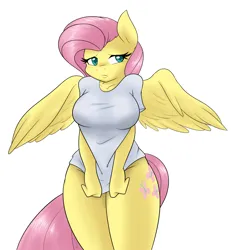 Size: 1554x1683 | Tagged: suggestive, artist:ambris, derpibooru import, fluttershy, anthro, pegasus, g4, adorasexy, blushing, bottomless, breasts, busty fluttershy, clothes, covering, cute, embarrassed, embarrassed nude exposure, female, image, nudity, partial nudity, png, sexy, shirt, simple background, solo, solo female, white background