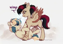 Size: 2391x1677 | Tagged: safe, artist:siatikas, derpibooru import, oc, unofficial characters only, pegasus, pony, unicorn, bruised, chest fluff, cloven hooves, dialogue, female, horn, image, jpeg, mare, pinned, scratches, speech bubble, spread wings, unshorn fetlocks, wings