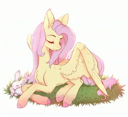 Size: 2792x2560 | Tagged: safe, artist:siatikas, derpibooru import, angel bunny, fluttershy, pegasus, pony, rabbit, g4, animal, chest fluff, duo, eyes closed, female, image, jpeg, lying down, male, mare, prone, simple background, white background