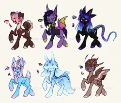 Size: 2432x2076 | Tagged: safe, artist:siatikas, derpibooru import, oc, unofficial characters only, bat pony, pony, adoptable, antennae, chest fluff, clothes, cloven hooves, curved horn, deer tail, ear piercing, earring, eyebrows, eyebrows visible through hair, female, hair over eyes, heterochromia, horn, horns, image, jacket, jewelry, jpeg, male, mare, piercing, slit pupils, stallion, tail, watermark, wings