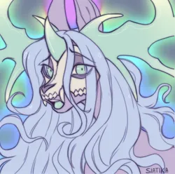 Size: 1302x1294 | Tagged: safe, artist:siatikas, derpibooru import, oc, unofficial characters only, pony, unicorn, antlers, bust, eye clipping through hair, eyebrows, eyebrows visible through hair, female, horn, image, jpeg, mare, open mouth, skull, solo