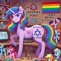 Size: 1024x1024 | Tagged: safe, ai content, prompter:anksk, applejack, pinkie pie, rainbow dash, twilight sparkle, oc, unicorn, autism, computer, generator:bing image creator, image, intersex, jpeg, lgbt, pride flag, rainbow, solo