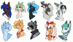 Size: 4096x2370 | Tagged: safe, artist:siatikas, derpibooru import, oc, unofficial characters only, anthro, bat pony, earth pony, pegasus, pony, raccoon, unicorn, antlers, bandana, bow, bust, chest fluff, clothes, ear piercing, ear tufts, earring, eyebrows, eyebrows visible through hair, fangs, female, floating heart, hair bow, heart, horn, image, jacket, jewelry, jpeg, mare, piercing, sailor uniform, simple background, stitched body, uniform, white background