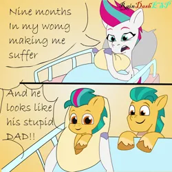 Size: 3000x3000 | Tagged: safe, artist:raindashesp, derpibooru import, hitch trailblazer, zipp storm, oc, earth pony, pegasus, pony, g5, 2 panel comic, baby, baby pony, colt, comic, female, foal, generation xerox, image, male, meme, nine months in my womb making me suffer, parent:hitch trailblazer, parent:zipp storm, png, ship:stormblazer, shipping, straight, trio