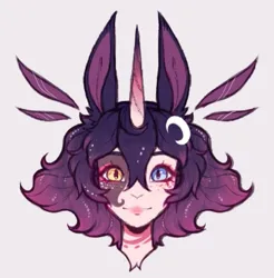 Size: 715x727 | Tagged: safe, artist:siatikas, derpibooru import, oc, unofficial characters only, human, bust, female, hairclip, heterochromia, horn, horned humanization, humanized, humanized oc, image, png, solo