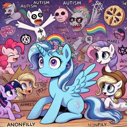 Size: 1024x1024 | Tagged: semi-grimdark, ai content, prompter:anksk, applejack, pinkie pie, twilight sparkle, oc, autism, generator:bing image creator, image, jpeg