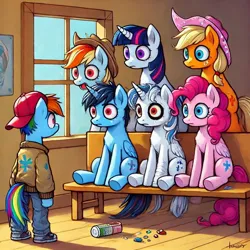 Size: 1024x1024 | Tagged: safe, ai content, prompter:anksk, applejack, pinkie pie, rainbow dash, twilight sparkle, oc, semi-anthro, bench, child, clothes, generator:bing image creator, hat, image, jeans, jpeg, looking at each other, pants, stare, vest