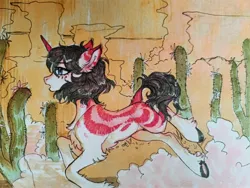 Size: 2048x1536 | Tagged: safe, artist:siatikas, derpibooru import, oc, unofficial characters only, pony, unicorn, cactus, chest fluff, female, horn, image, jpeg, mare, running, solo, traditional art