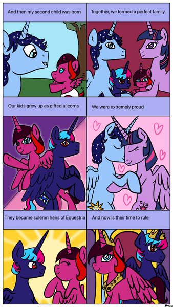 Size: 1080x1920 | Tagged: safe, artist:wrath-marionphauna, derpibooru import, twilight sparkle, twilight sparkle (alicorn), oc, oc:blue thunder, alicorn, pony, g4, alicorn oc, baby, baby pony, comic, crown, horn, image, jewelry, parents:canon x oc, png, regalia, siblings, throne, wings