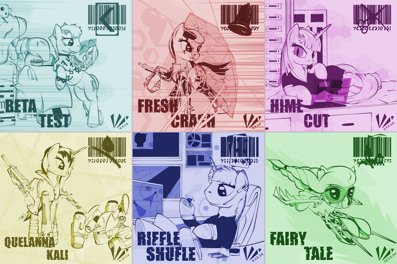 Size: 4520x3010 | Tagged: safe, artist:virenth, derpibooru import, edit, oc, oc:beta test, oc:fairy tale, oc:fresh crash, oc:hime cut, oc:quellanna kali, oc:riffle shuffle, unofficial characters only, earth pony, pegasus, pony, robot, unicorn, barcode, cyberpunk, female, high res, horn, image, male, mare, png, stallion, weapon